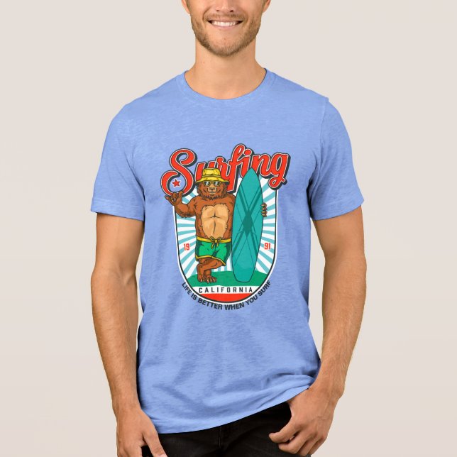 California Surfing Bear Graphic Design Tri-Blend Shirt (Front)