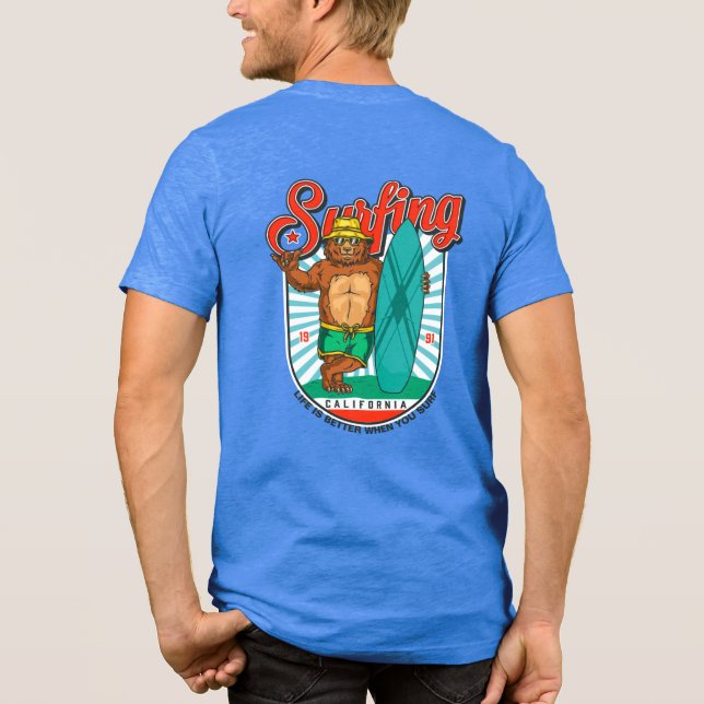 California Surfing Bear Graphic Design Tri-Blend Shirt (Back)