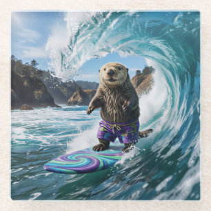 California Surfing Sea Otter Glass Coaster