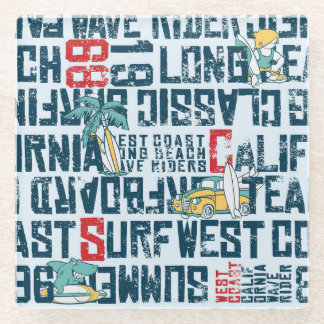 California Surfing Team: Grunge Seamless Pattern. Glass Coaster