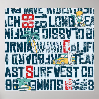 California Surfing Team: Grunge Seamless Pattern. Poster