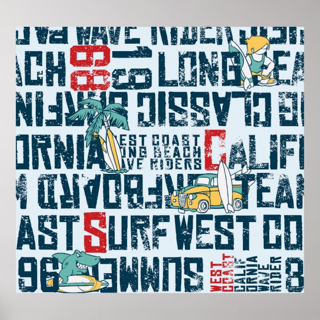 California Surfing Team: Grunge Seamless Pattern. Poster (Front)