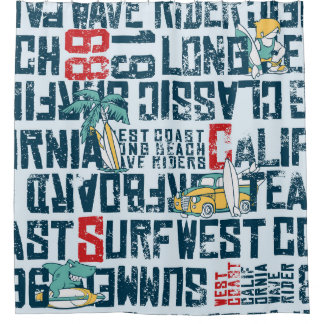 California Surfing Team: Grunge Seamless Pattern. Shower Curtain