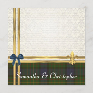 California  tartan  & gold ribbon white  damask invitation