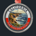 California Travel Art Badge Metal Tree Decoration<br><div class="desc">California retro vector travel design. This retro-style travel art,  with its blend of bold colours and vintage allure,  is designed to inspire a sense of adventure.</div>