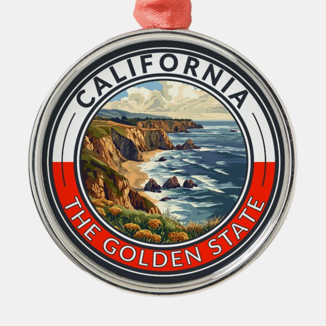 California Travel Art Badge Metal Tree Decoration (Front)