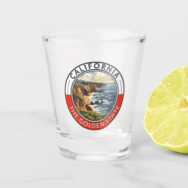 California Travel Art Badge Shot Glass (Front)