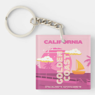 California, Travel Art, Preppy, Pink Key Ring