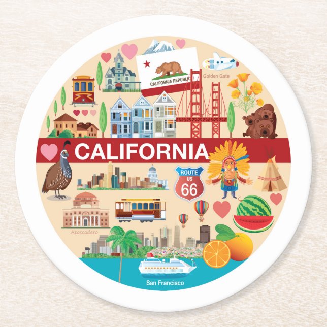 California Travels Round Paper Coaster (Front)