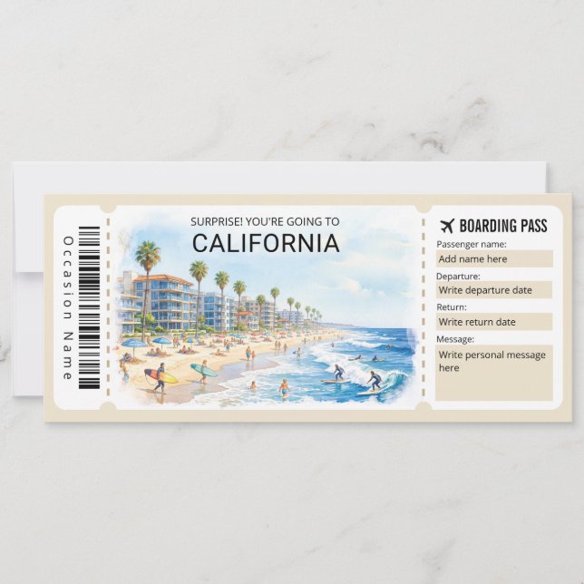 California Trip Boarding Pass Ticket Invitation (Front)