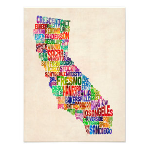 California Typography Text Map Photo Print