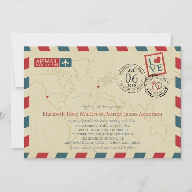 California / UK Antique Airmail | Wedding Invitation (Front)