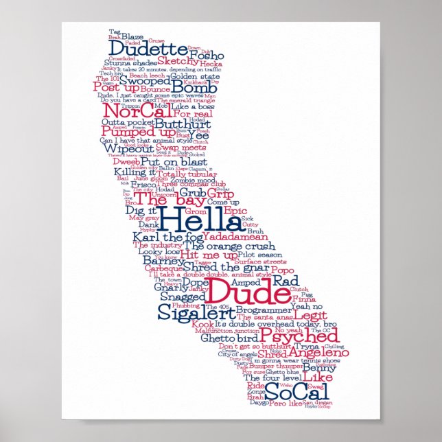 California USA Slang Word Art Map Poster (Front)