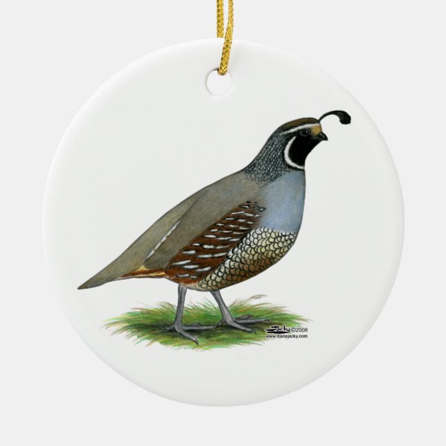 California Valley Quail Ceramic Tree Decoration (Front)