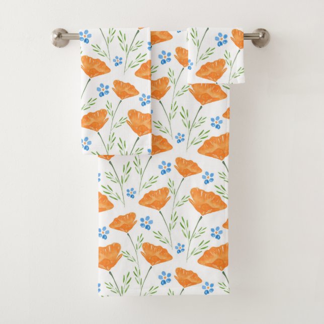 California Watercolor Poppy Pattern    Bath Towel Set (Insitu)