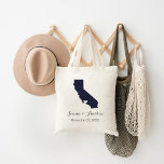 California Wedding Welcome Tote Bag<br><div class="desc">Welcome out of town wedding guests with a bag full of snacks and treats personalised with the state where you're getting married and the bride and groom's names and wedding date. Click Customise It to move the heart to show any city or location on the state map. Use the design...</div>