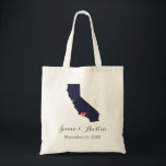 California Wedding Welcome Tote Bag<br><div class="desc">Welcome out of town wedding guests with a bag full of snacks and treats personalised with the state where you're getting married and the bride and groom's names and wedding date. Click Customise It to move the heart to show any city or location on the state map. Use the design...</div>
