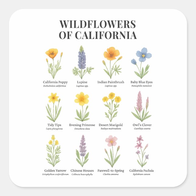 California Wildflowers – Botanical Watercolor Illu Square Sticker (Front)