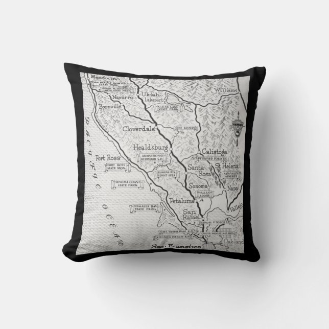 California Wine Country Map Black Pillow (Front)