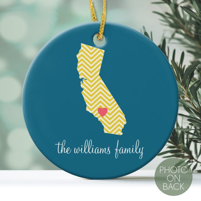 California with Custom Heart and Family Name Ceramic Tree Decoration (Personalized Photo Ornament)