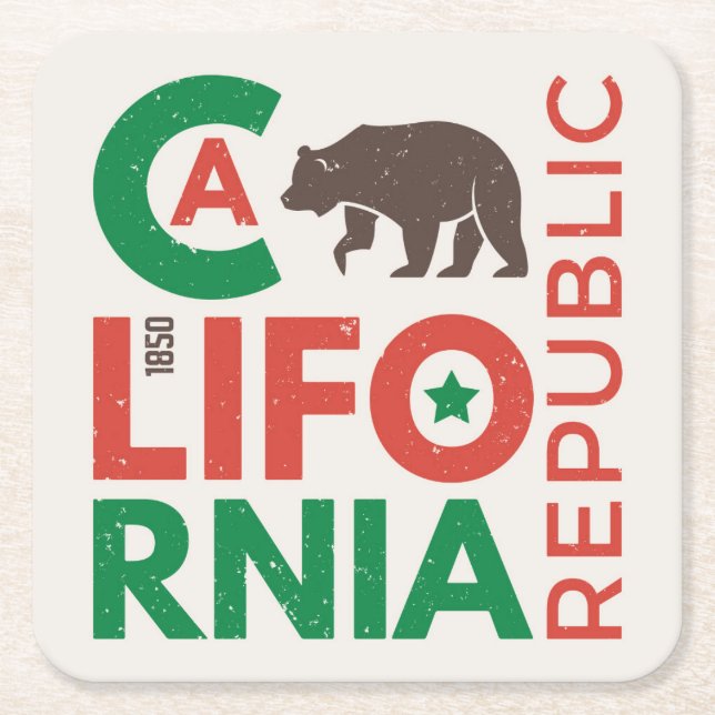 California With Grizzly Bear Logo Square Paper Coaster (Front)