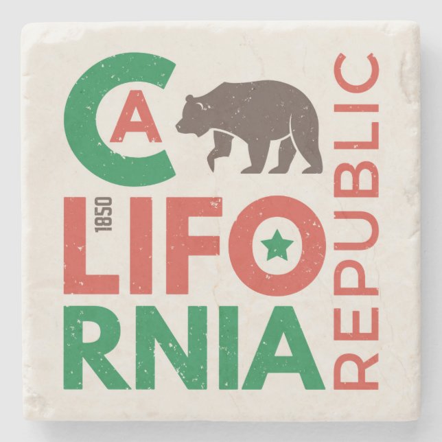 California With Grizzly Bear Logo Stone Coaster (Front)