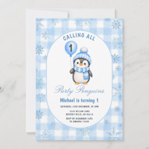 Call All Party Penguin Birthday Winter Gingham Invitation