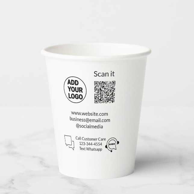 Call customer care text whatsapp Q R code business Paper Cups (Front)
