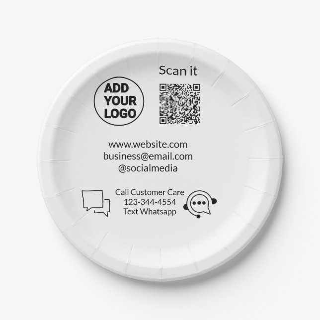 Call customer care text whatsapp Q R code business Paper Plate (Front)