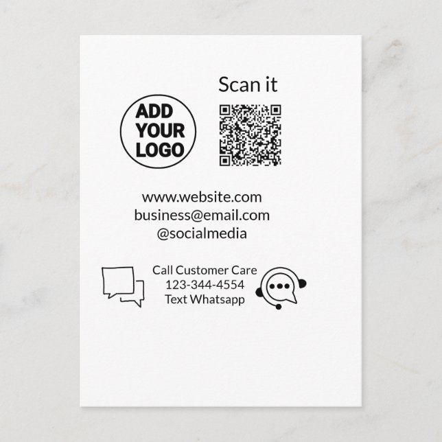 Call customer care text whatsapp Q R code business Postcard (Front)
