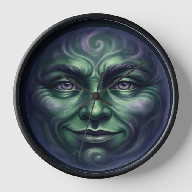 Call Green elemental moon face Gothic fantasy wall Clock (Front)