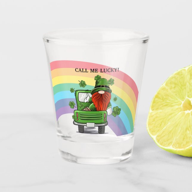 Call Me Lucky Irish Gnome St Patricks Day Shot Glass (Front)