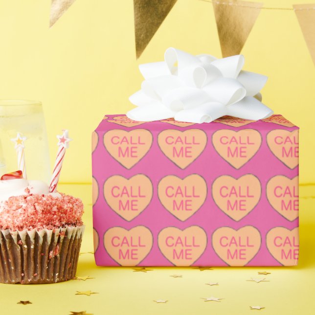 CALL ME Pink Candy Hearts Valentine's Day Love Wrapping Paper (Birthday Party)