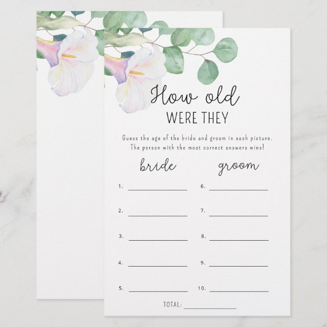Calla and eucalypt - How old were they bridal game (Front/Back)