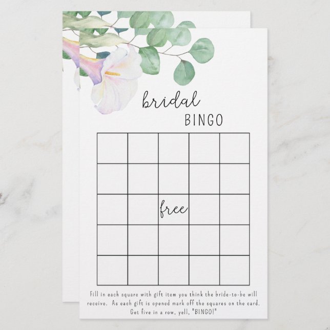 Calla and eucalyptus - bridal shower bingo game (Front/Back)