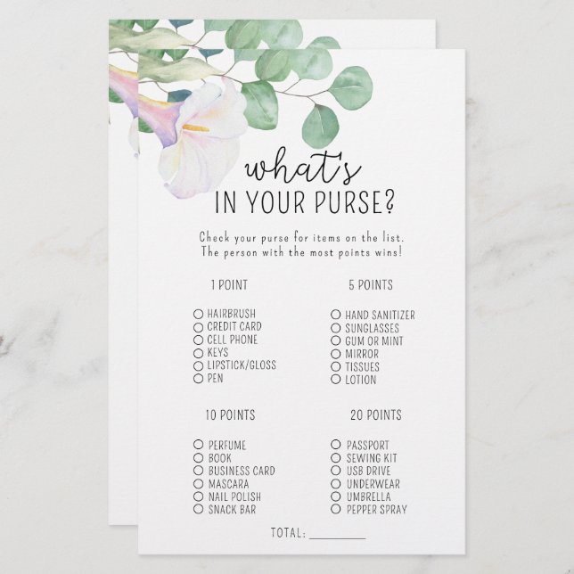 Calla and eucalyptus - What's in your purse game (Front/Back)