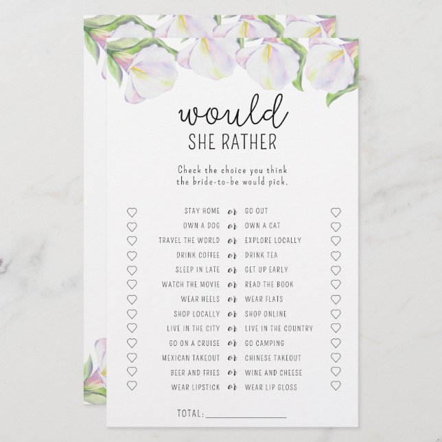 Calla flower - Would she rather bridal shower game (Front/Back)