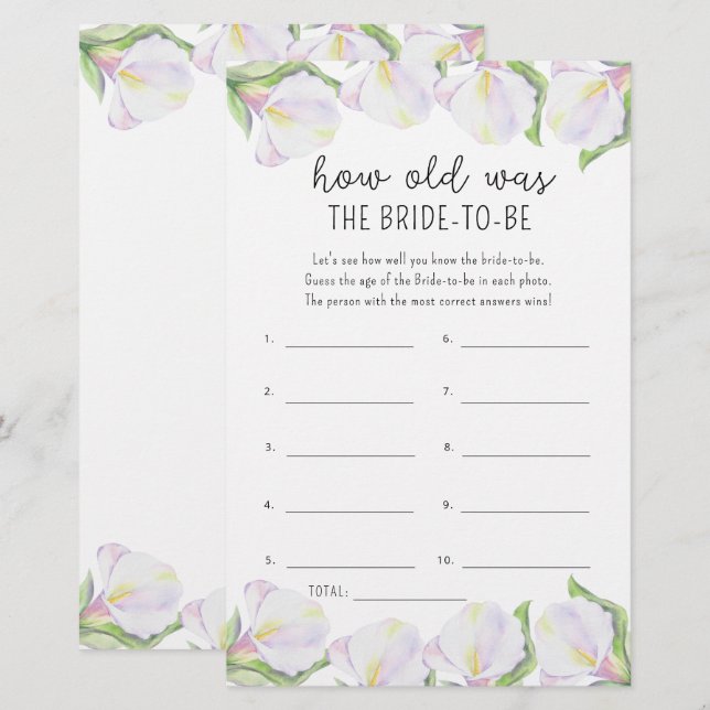 Calla flowers - How old was the bride to be (Front/Back)