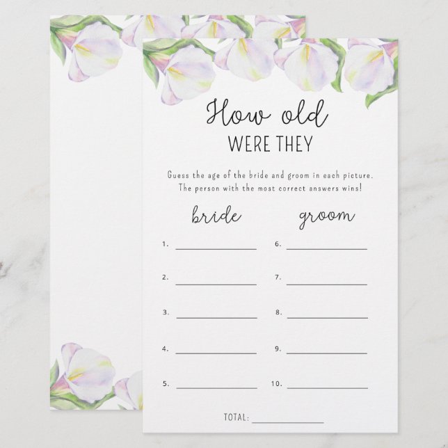 Calla flowers - How old were they bridal game (Front/Back)
