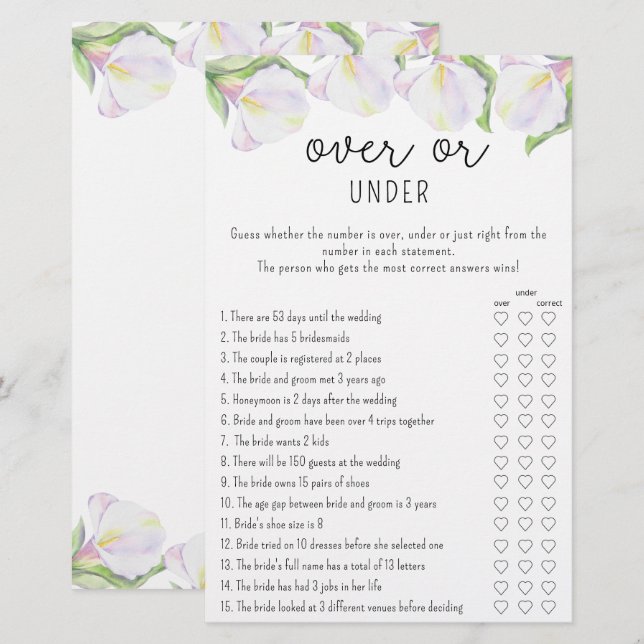 Calla flowers - Over or Under bridal shower game (Front/Back)