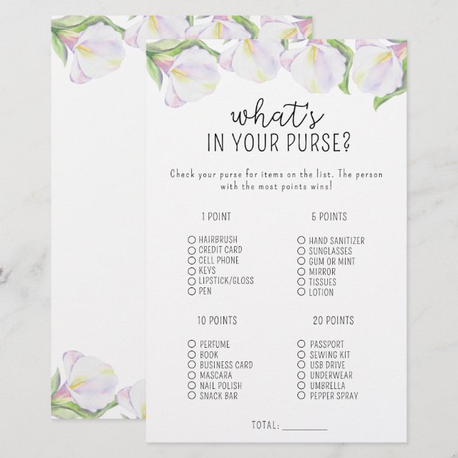 Calla flowers - What's in your purse game (Front/Back)