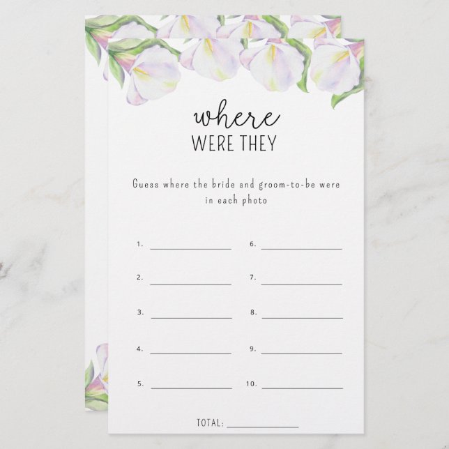 Calla flowers - Where were they bridal shower game (Front/Back)