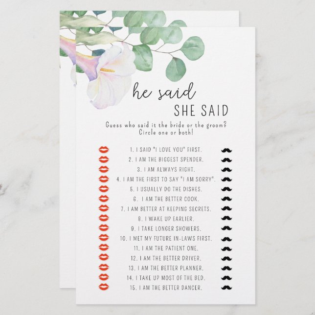 Calla - He said she said bridal shower game (Front/Back)