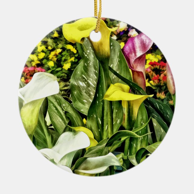 Calla Lilies and Pansies Ceramic Tree Decoration (Front)