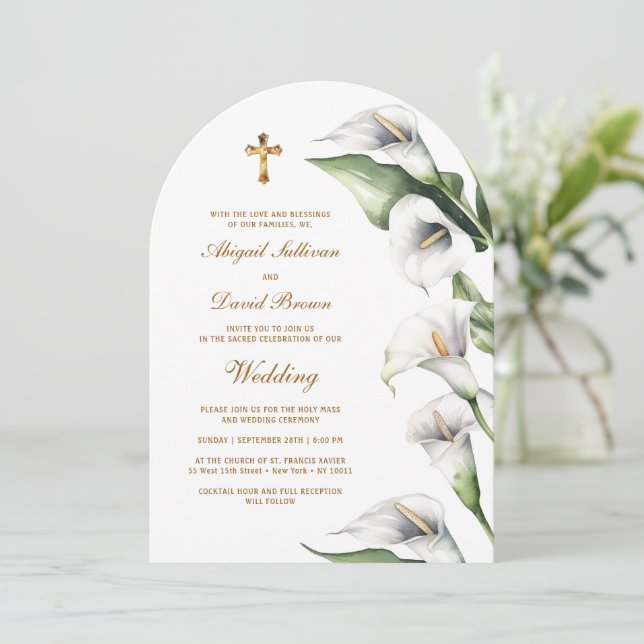 Calla Lilies Arch Religious Wedding Invitation (Standing Front)