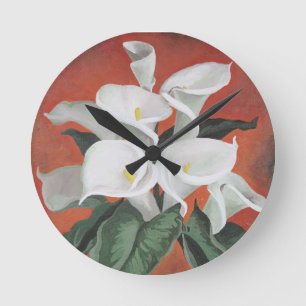 Calla Lilies On A Red Background Round Clock