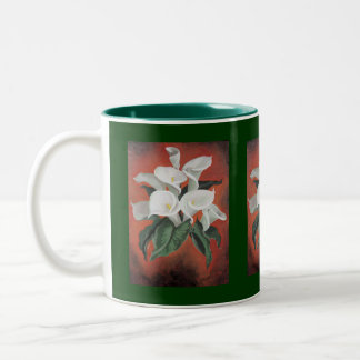 Calla Lilies On A Red Background Two-Tone Coffee Mug