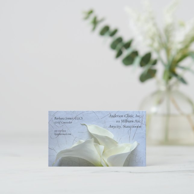 Calla lilies on decorative background business card (Standing Front)
