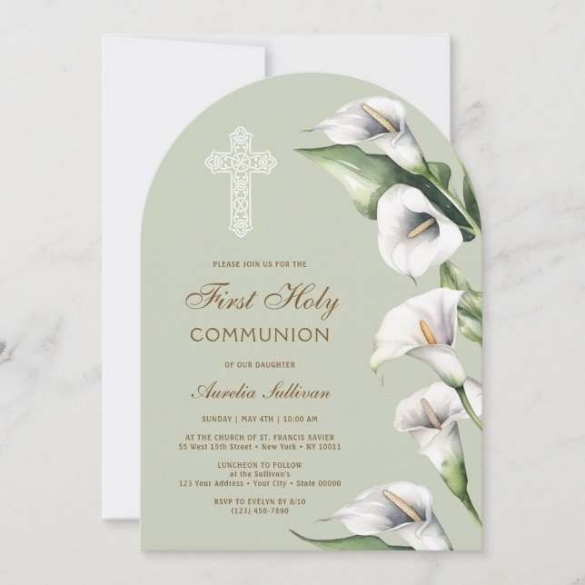Calla Lilies on Sage Green Arch First Communion Invitation (Front)