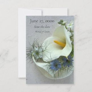 Calla lilies with blue nigella save the date